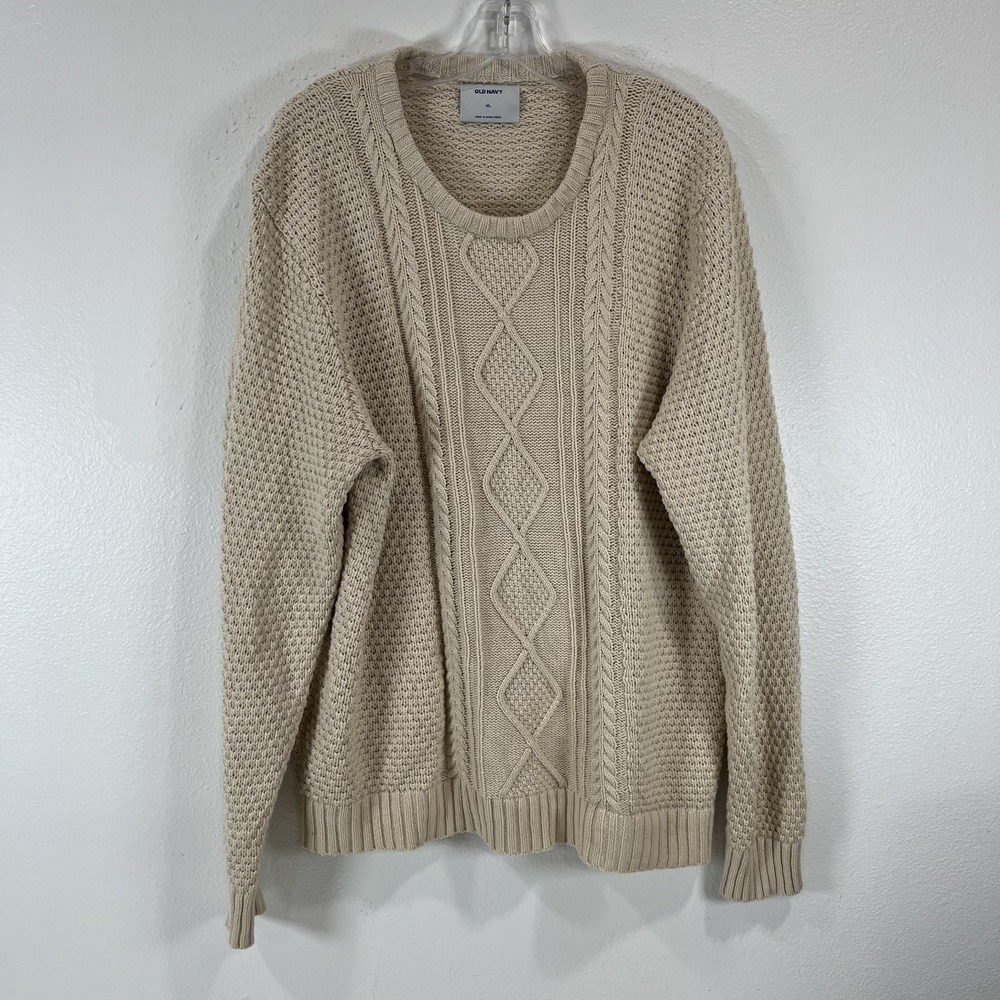 Old Navy Womens Sweater XLarge Crew Neck Beige Cable Knit Pullover Classic Cozy